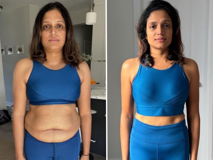 Before and after fitness transformation comparison showing woman in blue athletic wear demonstrating body changes from exercise and diet
